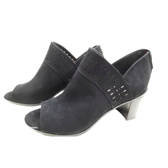 Xappeal women's black faux suede peep toe shoes with lazer cut outs and ankle zi - Picture 3 of 5